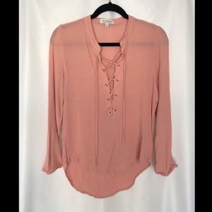 Pink Lace Up Deep V Blouse